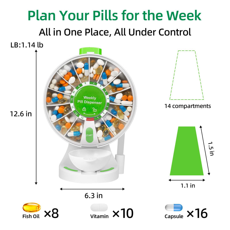 JULOS Daily Pill Dispenser with One-Press Button for Seniors & Arthritis | No-Flip Design Wall-Mounted or Free-Standing, Med Cup & Tweezers, Braille Symbol & Large Compartments for Vitamin/Supplements Green+green