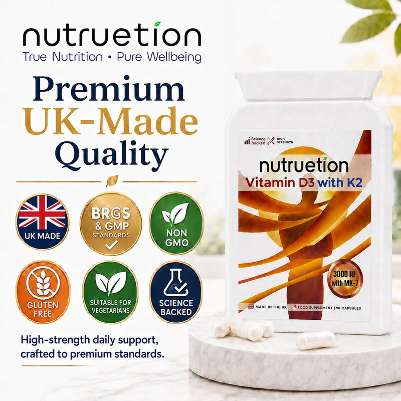 Vitamin D3 3000IU & K2 MK-7 100µg Capsules | High Strength D3 K2 Supplement for Bones, Immune & Muscle Support | 90 Vegetarian Capsules, UK Made, Non-GMO & Gluten Free