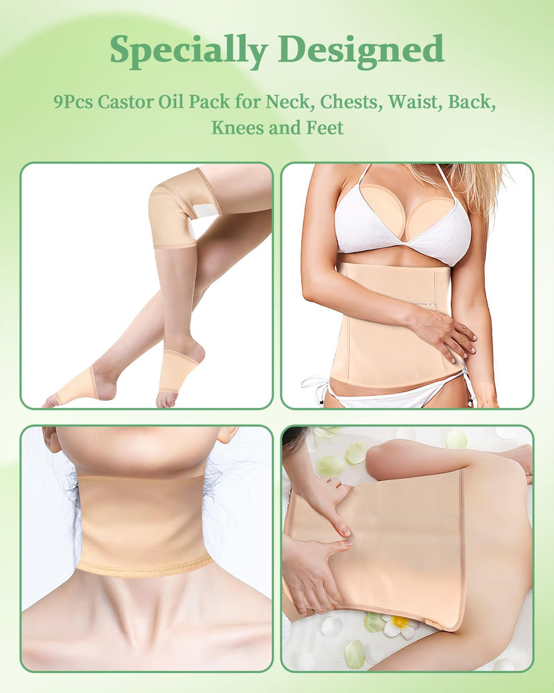 [Australia] - Castor Oil Pack Wrap, 9 Pcs Reusable Organic Castor Oil Pack Kit for Neck Chest Waist Back Knee and Feet, Adjustable Elastic Straps Castor Oil Compress Pads, Machine Washable Anti Oil Leak A-khaki 