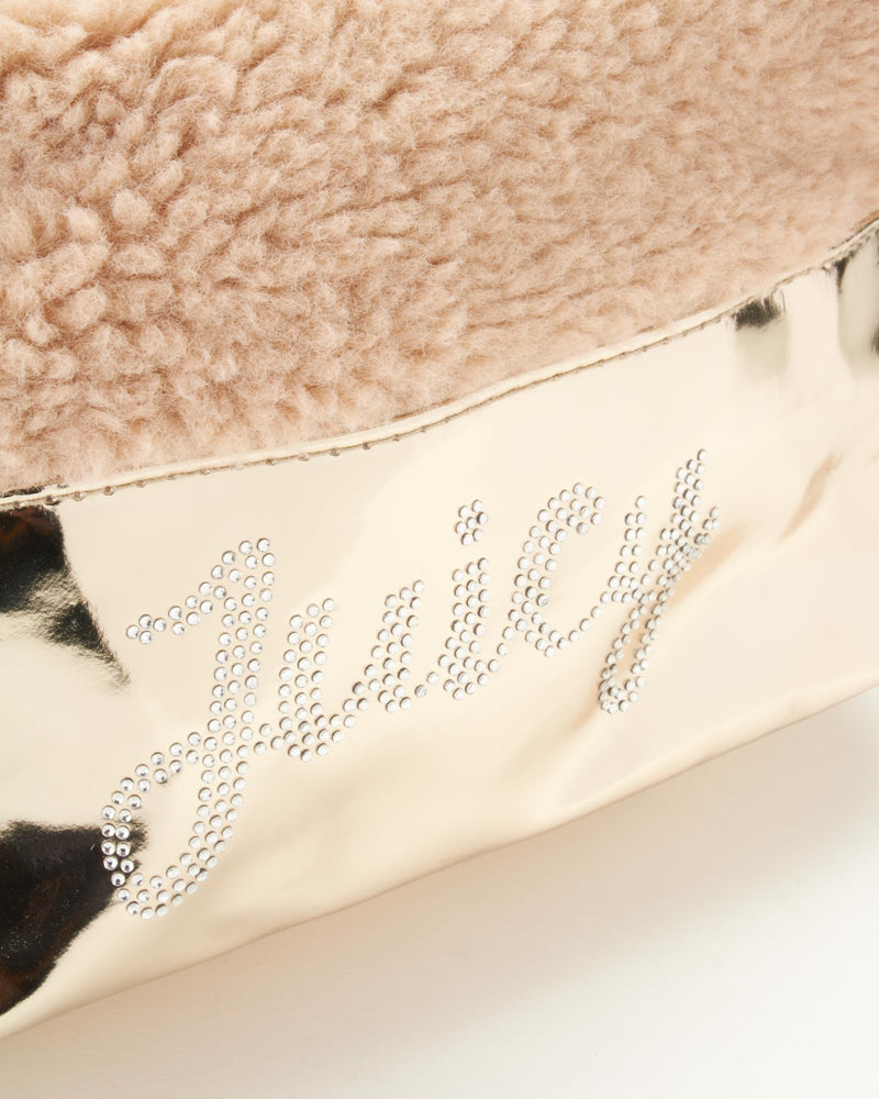 Juicy Couture Gold Makeup Bag Cosmetics Organizer Travel Essentials Zip Top Wedge Shiny Rhinestone Faux Shearling