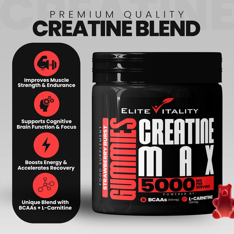 Creatine Monohydrate 90 Gummies 5000mg + BCAAs & L-Carnitine – 3rd Party Lab Tested, Vegan, Sugar-Free, Pre Workout Muscle Growth & Recovery Gym Supplement for Men & Women – Juicy Strawberry Burst