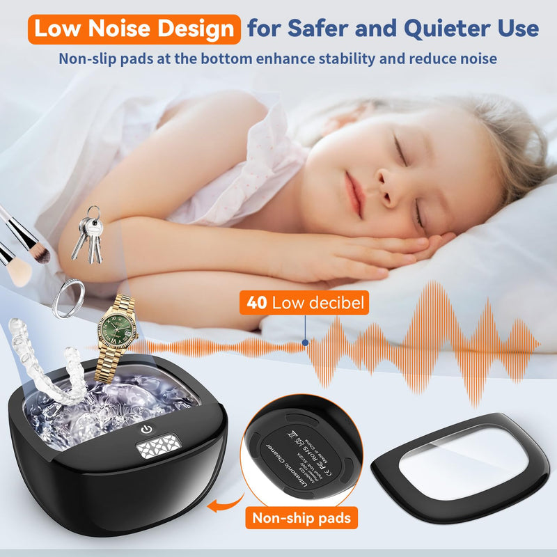 [Australia] - Ultrasonic Retainer Cleaner Machine, 42kHz Portable Ultrasonic Dentures Cleaner, 130ML Ultrasonic Jewelry Cleaner for Dental Retainer, Mouth Guard, Watch, Ring, Diamond -Home or Travel Use Black 