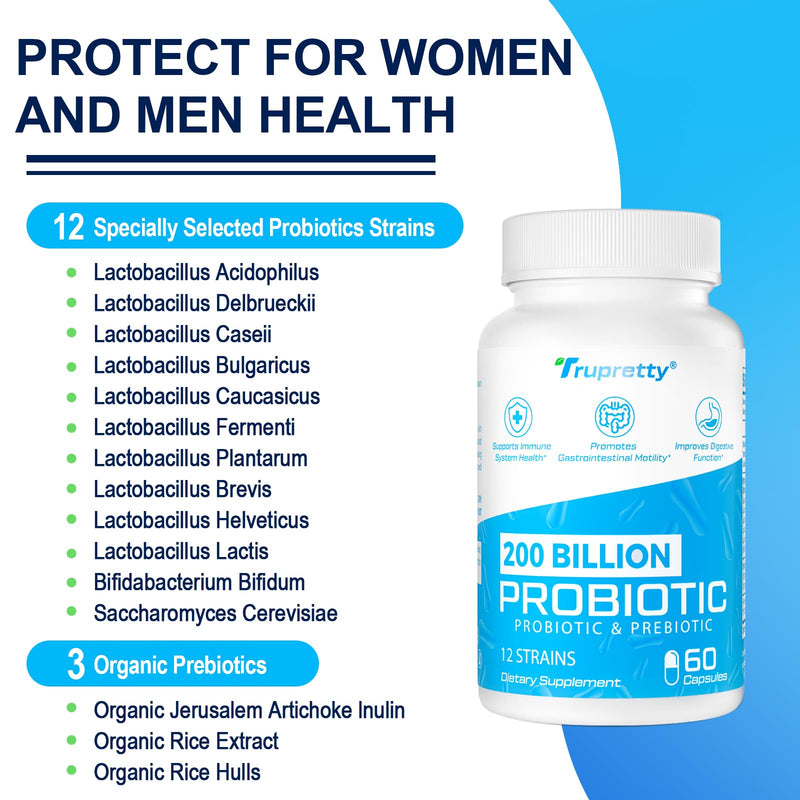 200 Billion Cfus 12 Strains Probiotic, with 3 Organic Prebiotics, Probiotics for Women Men, Daily Supplement for Immune, Gut, Digestive Health, Shelf Stable, Non GMO, 240 Caps (240-Days Supply) 60 Count (Pack of 4)