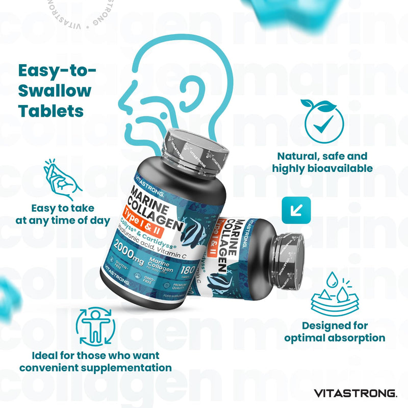 Marine Collagen with Hyaluronic Acid & Vitamin C, 180 Tablets Hydrolysed Type 1 and Collagen Type 2 Collyss & Cartidyss, Alternative to Marine Collagen Powder & Hyaluronic Acid Powder