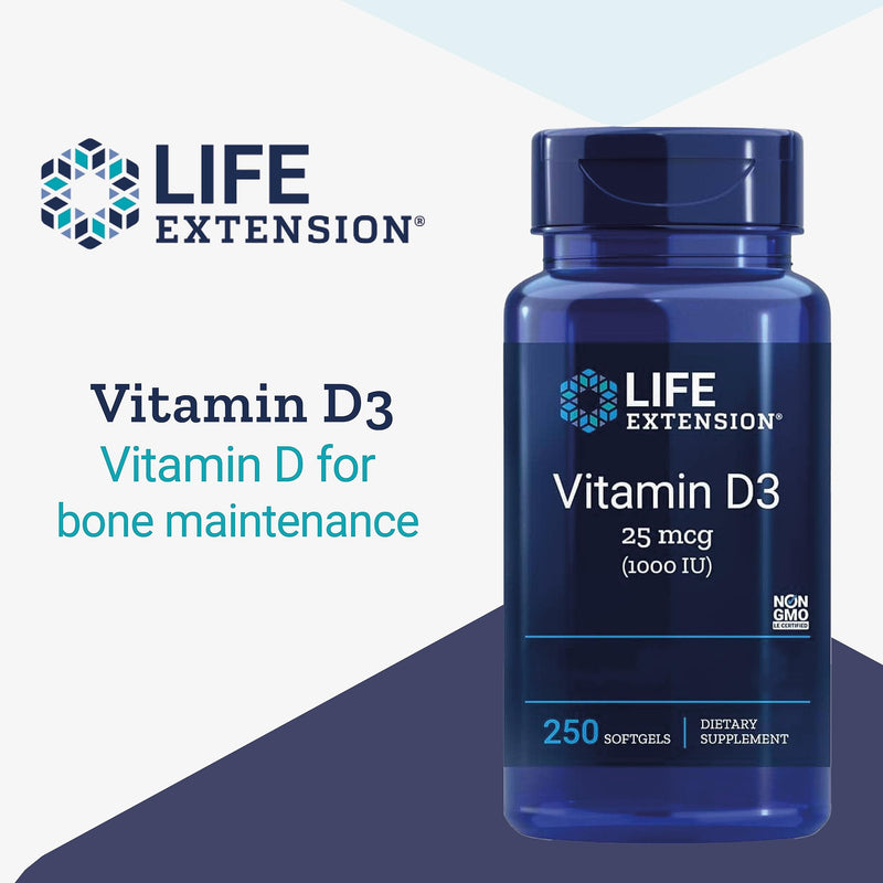 Life Extension, Vitamin D3, 1000 IU (25mcg), 250 Softgels, Gluten Free, SOYA Free, Non-GMO