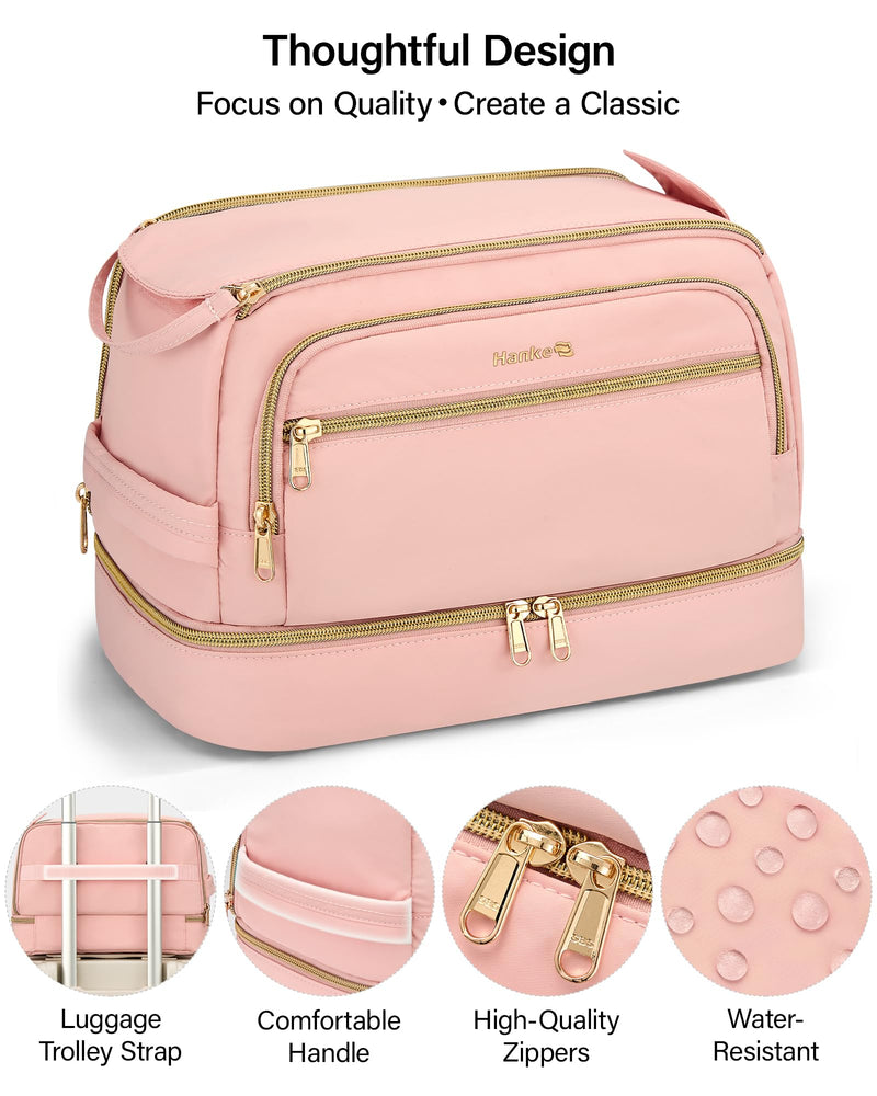 Hanke Travel Toiletry Bag, Lightweight Wide-open Makeup Bag, Dual-Layer Travel Bag for Toiletries Water-Resistant Cosmetic Bags Large Toiletry Bags for Women & Men, Travel Essentials, Pink