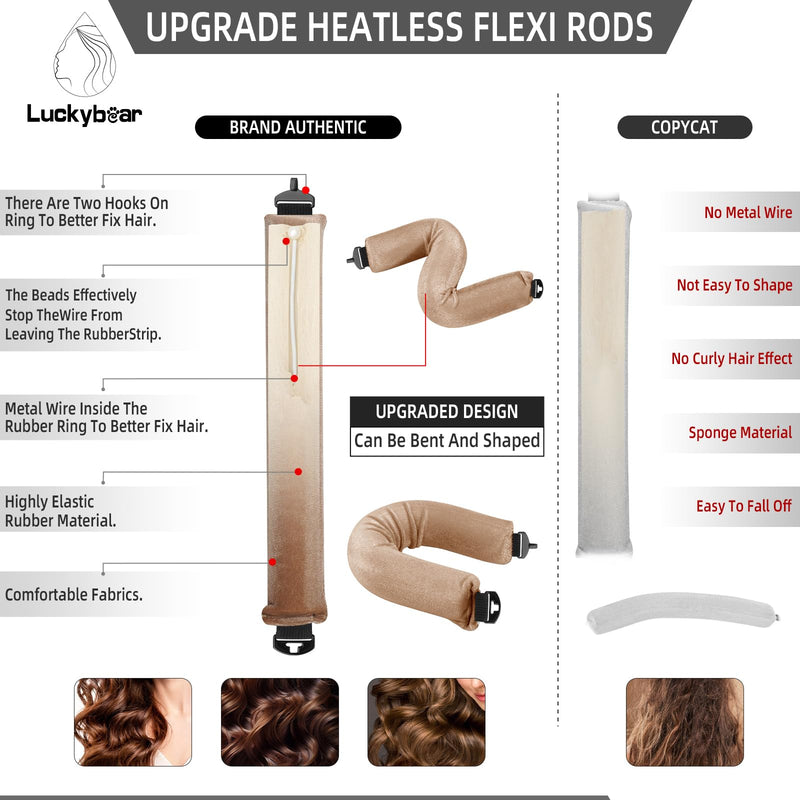 Heatless Curls Overnight Rods Jumbo Set, Heatless Hair Curler Velvet Satin Jumbo Flexi Rods to Sleep in, No Heat Overnight Sleeping Blowout Curls Wave Styling Tools with Silk Scarf 4pcs Khaki