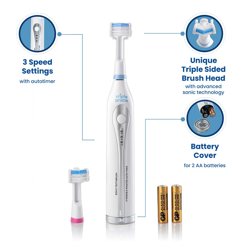 Triple Bristle GO 3 Sided Sonic Toothbrush - Soft Nylon Bristles, Autism & Special Needs Toothbrush for Kids & Adults, Travel Friendly Triple Bristle Go