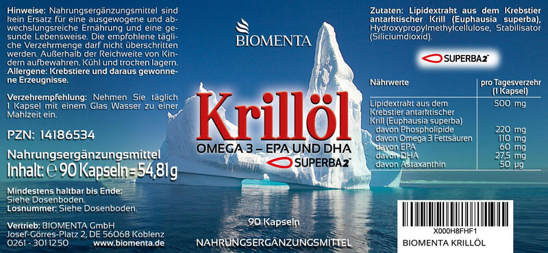 [Australia] - BIOMENTA Krill Oil - 90 Antarctic SUPERBA™ Krilloil Capsules High Dose - with Omega 3 + EPA + DHA + Phospholipids + Astaxanthin - Premium Quality 