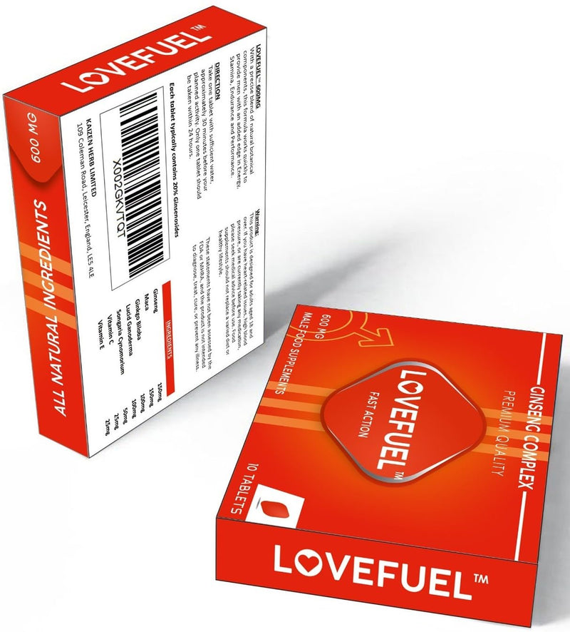 LOVEFUEL 600mg UK | Stronger | Longer | Harder | Performance | Extra Strength Enhancing Pills, Stamina Endurance Booster Supplement Pills for Men | 10 Ginseng LIBIDO Booster Tablets