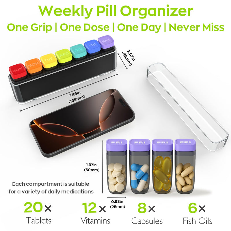 HIONXMGA Weekly Pill Organizer, Detachable 7-Color Pill Box, Easy Tracking | Portable Travel Pill Case Container for Daily Vitamin Supplement Fish Oil, Silicone-Seal, Lasting Labels, Quick Fill (Clear) Clear (Random Rainbow)
