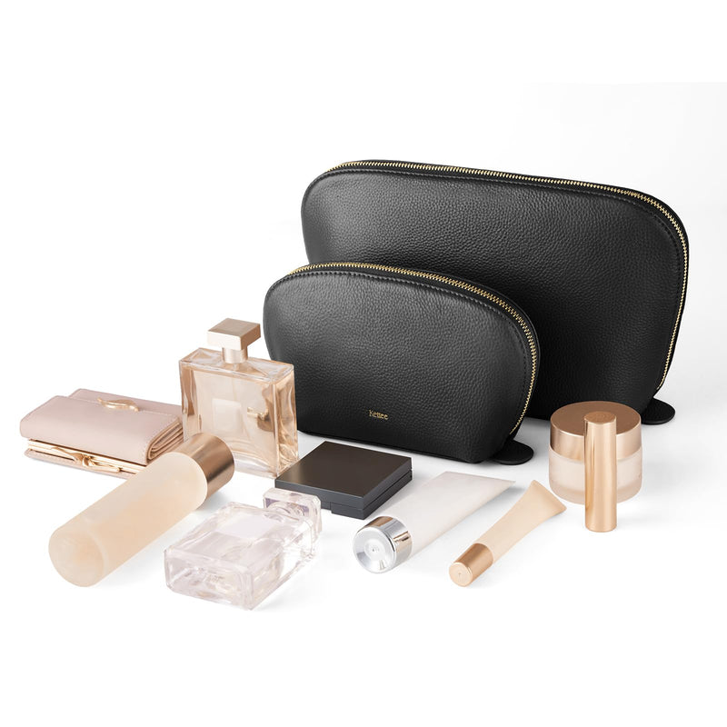 Kattee Leather Makeup Bag Set for Women, 2 Pack, Black | Two leather travel cosmetic bags for makeup, toiletries, and daily essentials. 2-Pack, Medium+Large