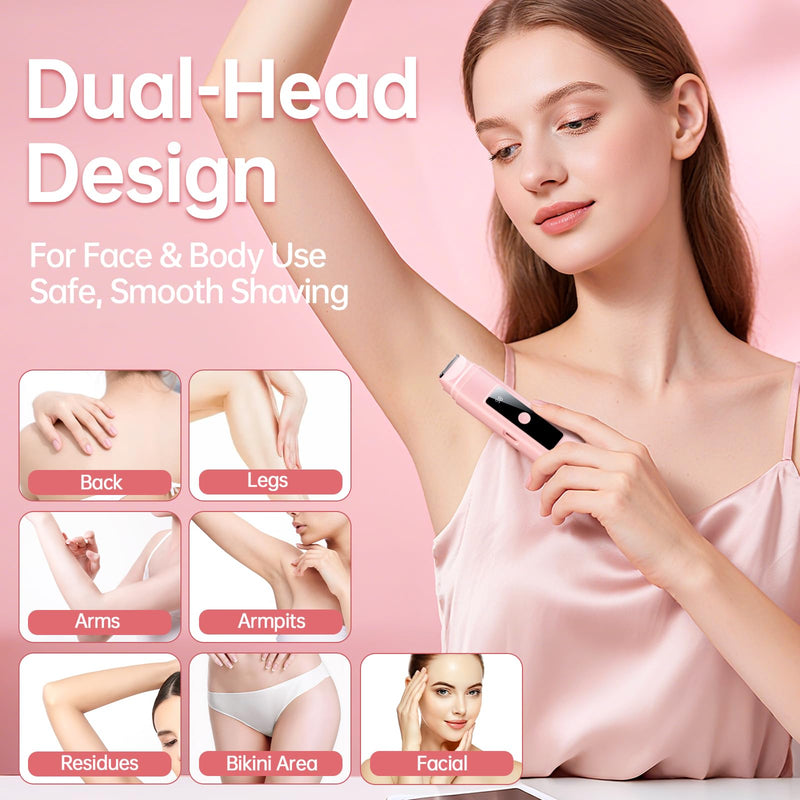 [Australia] - Bikini Trimmer for Women: 2-in-1 Electric Shaver with Digital Display,IPX7 Waterproof & Easy Cleaning& Travel Lock - Dual Head Trimmer for Underarms, Legs, Face (Pink) 