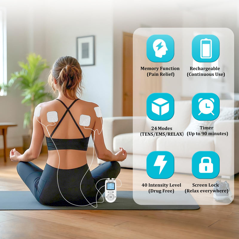 Dual Channel TENS EMS Unit 40 Intensities for Gradual Pain Relief Therapy, 24 Modes Muscle Stimulator, Electronic Pulse Massager with 8 Pads, Dust-Proof Drawstring Storage Bag