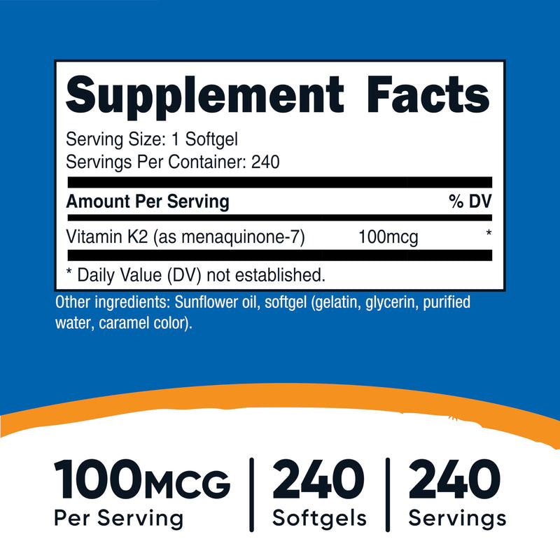 Nutricost Vitamin K2 MK-7 100 mcg, 240 Softgels, Gluten Free, GMO-Free | MK7 240 Count (Pack of 1)