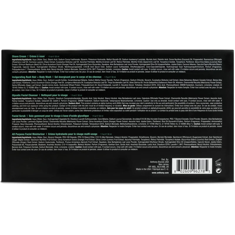 [Australia] - Anthony Starter Kit, 5 Count, Glycolic Facial Cleanser, Facial Scrub, All Purpose Facial Moisturizer, Invigorating Rush Hair & Body Wash, Shave Cream 