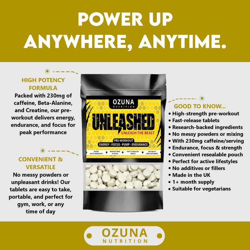 Unleashed Pre-Workout Supplement - Energy Pills with Beta Alanine, Caffeine & Creatine - Performance & Endurance - 100 Tablets