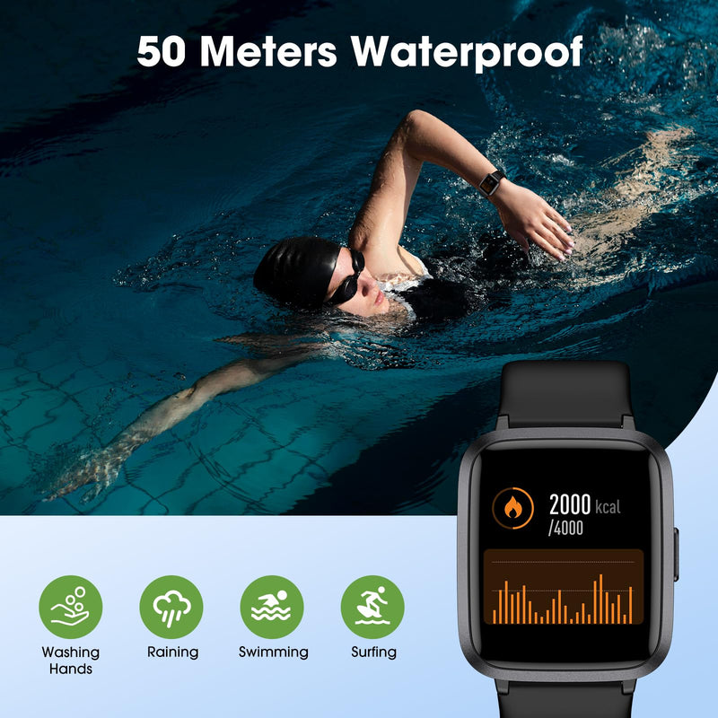 [Australia] - Fitness Tracker Watch, Step Tracker with Heart Rate, Blood Oxygen Sleep Monitor, 5ATM Waterproof Pedometer, Step Calorie Counter, Health Fitness Watch for Sports, Activity Tracker for Women Men Black 