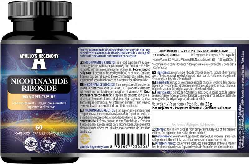 Nicotinamide Riboside (NR) 300 mg - 60 Niacin Vegan Capsules - 2 Months Supply - NAD+ Precursor - Vitamin B3 Supplement to Support Energy Metabolism and Reduce Tiredness - by Apollo's Hegemony