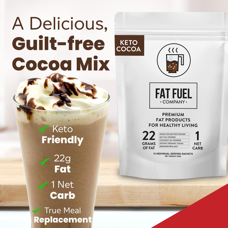 [Australia] - Fat Fuel Keto Cocoa 22g Premium Fats - with Grass Fed Butter, MCT Oil, Coconut & Redmond Real Salt - Instant Organic Cocoa, One Net Carb, A True Meal Replacement - 15 Servings 