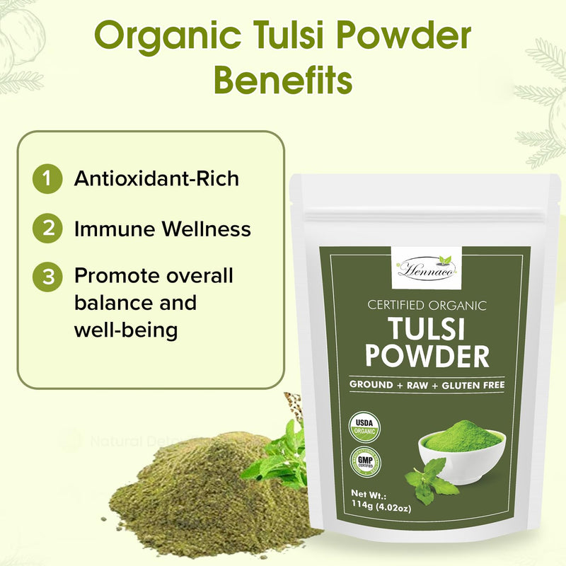 [Australia] - Organic Tulsi Powder - Resealable Zip Lock Pouch, USDA Organic - Premium Quality Holy Basil Powder, 100% Raw, Ayurvedic Herb for Immunity - 114 Grams (4 Oz) 4 Ounce (Pack of 1) 