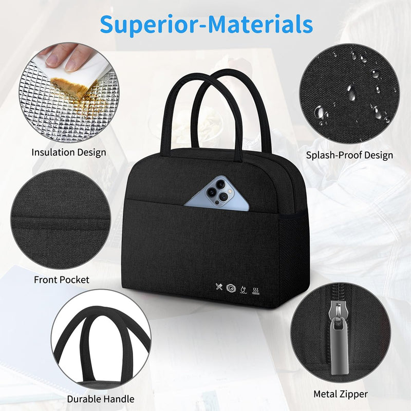 [Australia] - DALINDA Lunch Bag Lunch Box for Women Men Reusable Insulated Lunch Tote Bag,Leakproof Thermal Cooler Sack Food Handbags Case High Capacity forTravel Work School Picnic- Black 