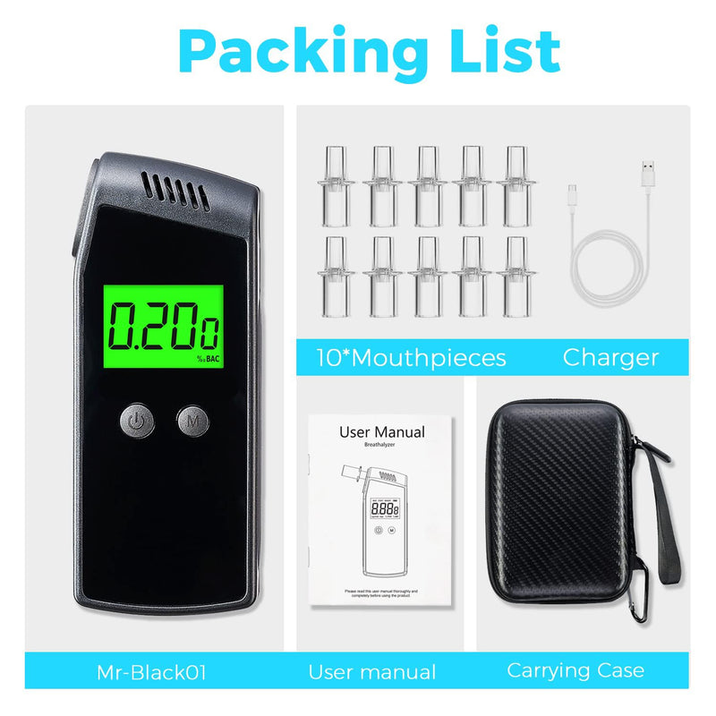 Breathalyzer, Home Alcohol Tester with LCD Digital Display,Portable Breathalyzer for Personal & Party Use with 10 Replaceable Mouthpieces（Black)