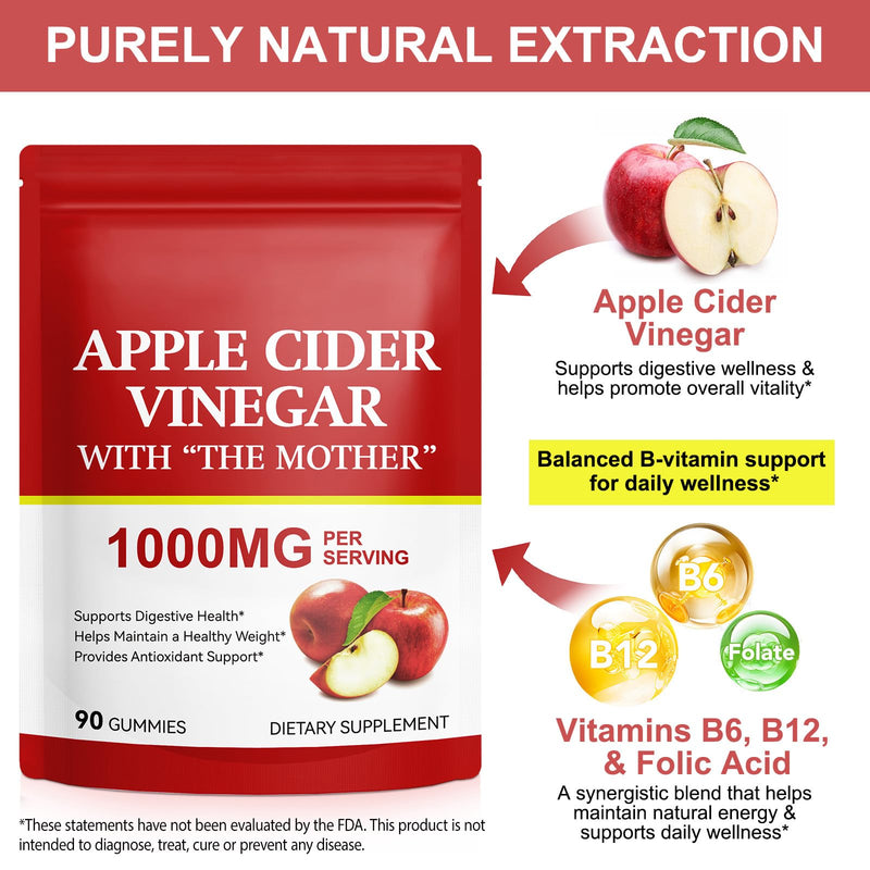 Apple Cider Vinegar Gummies - 90 Count, 1000mg ACV Gummy with Folic Acid, Gelatin-Free, Gluten-Free, Vegan & Non-GMO
