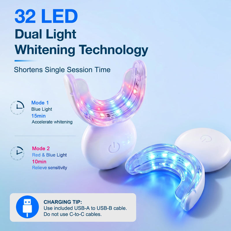 Teeth Whitening Kit with 32 LED Dual Light, 3 Gentle Whitening Gel Pens, Rechargeable Teeth Whitening Light Kit for Sensitive Teeth, Coffee Stain Whitening, Shade Guide Included