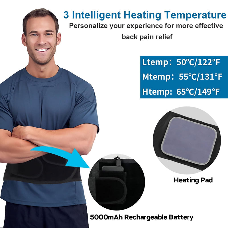 Heated Back Brace Rechargeable for Lower Back Pain Relief, Heating Lumbar Support Belt with 7 Metal Stays, 3 Heat Levels for Men Women Herniated Disc, Scoliosis,Sciatica (L) Large Black