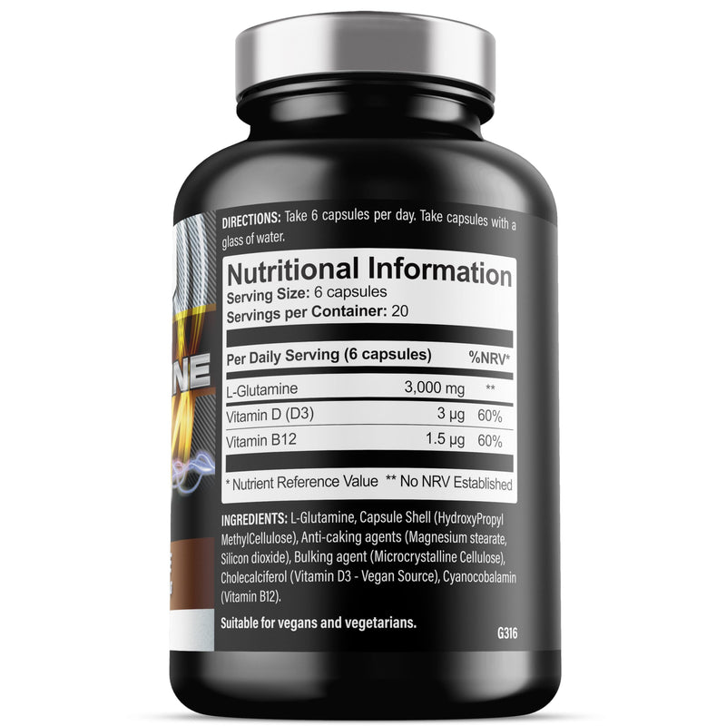 Glutamine - 3000mg L Glutamine Per Serving - Enhanced with D3 & B12 - Vegan and Vegetarian L-Glutamine (120 Capsules) 120 count (Pack of 1)