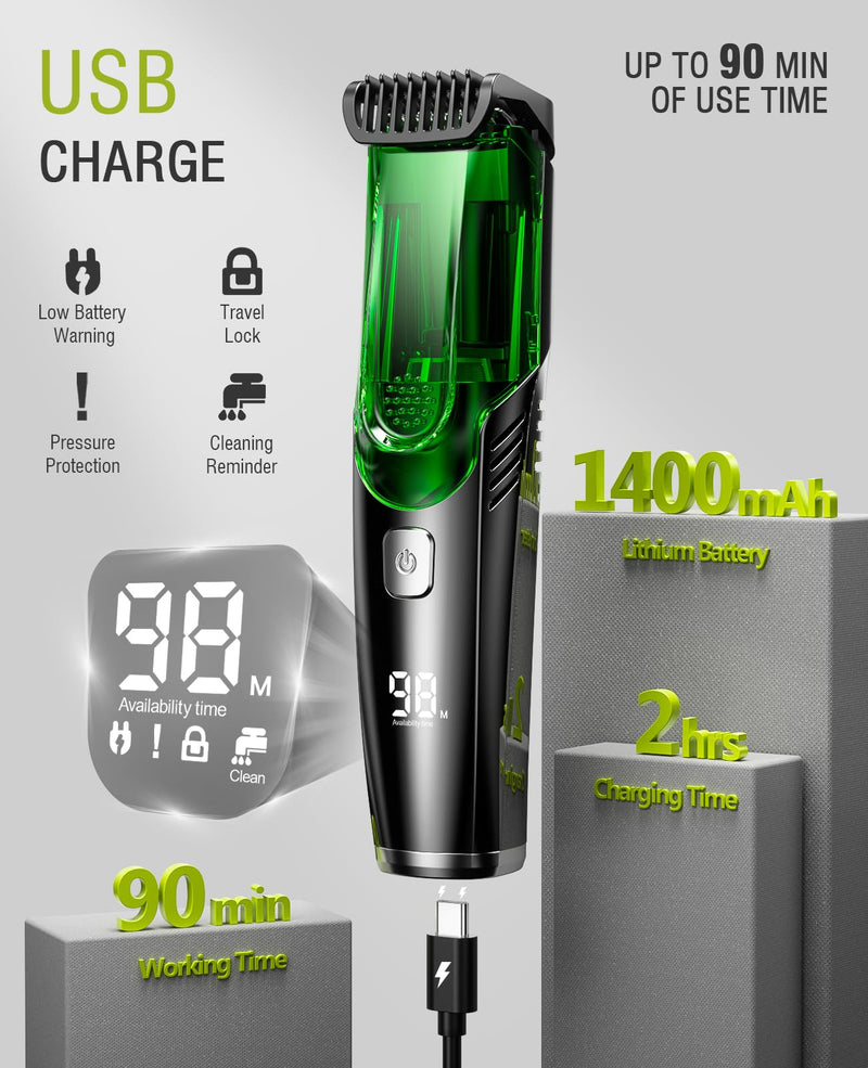 SHPAVVER Beard Trimmer for Men: Vacuum Mustache Trimmer IPX7 Waterproof- Rechargeable Electric Beard Cutting Kit with Adjustable Length Comb- Built-in Vacuum for Sideburns Deep Black & Green