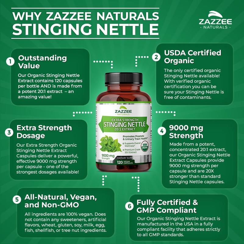 [Australia] - Zazzee USDA Organic Stinging Nettle 20:1 Extract, 9000 mg Strength, 120 Vegan Capsules, 4 Month Supply, Concentrated, Standardized 20X Extract, Certified Organic, 100% Vegetarian, All-Natural, Non-GMO 
