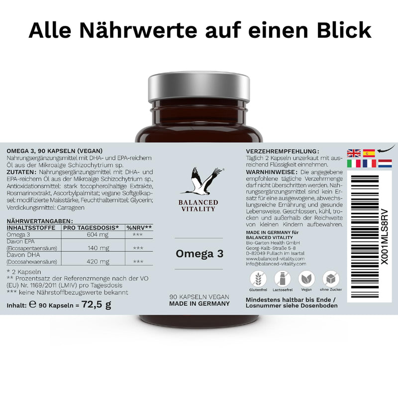 [Australia] - Vegan Omega 3 high dose - 1500 mg per daily dose with 450 DHA & 225 EPA from algae oil - 90 capsules 1 month - Omega 3 algae oil capsules with branded raw material life'sOMEGA® - Fish-free - Balanced Vitality 