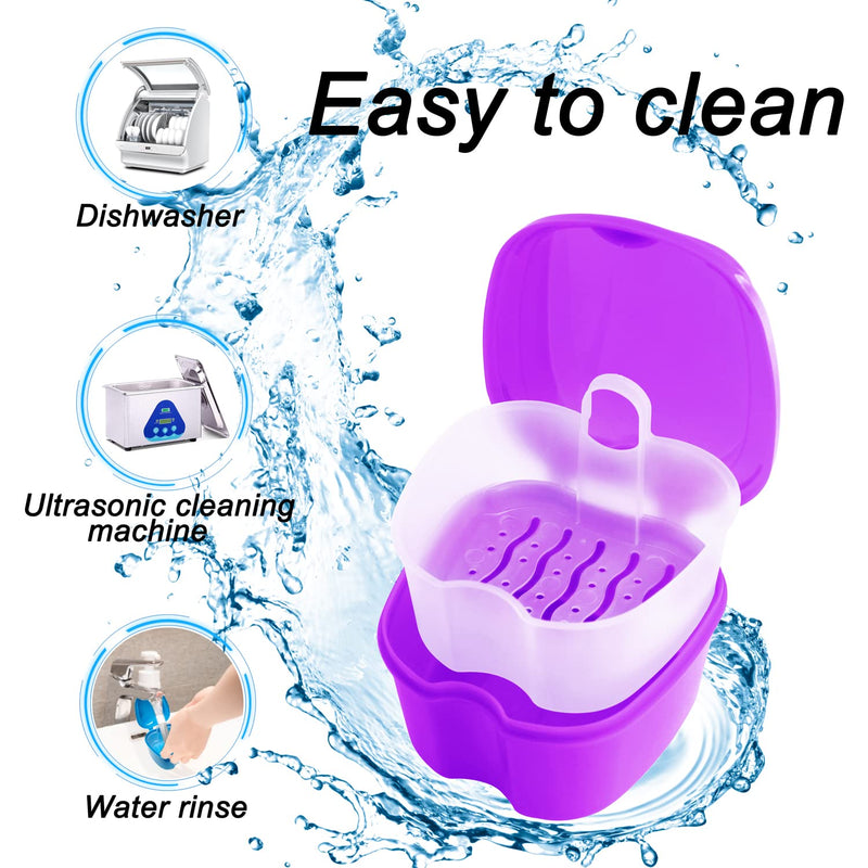 [Australia] - Colorful Denture Bath Case with Brush, Denture Cup Soaking Holder False Teeth Container Mouth Guard Storage Case Cleaning with Lid Waterproof - Purple 