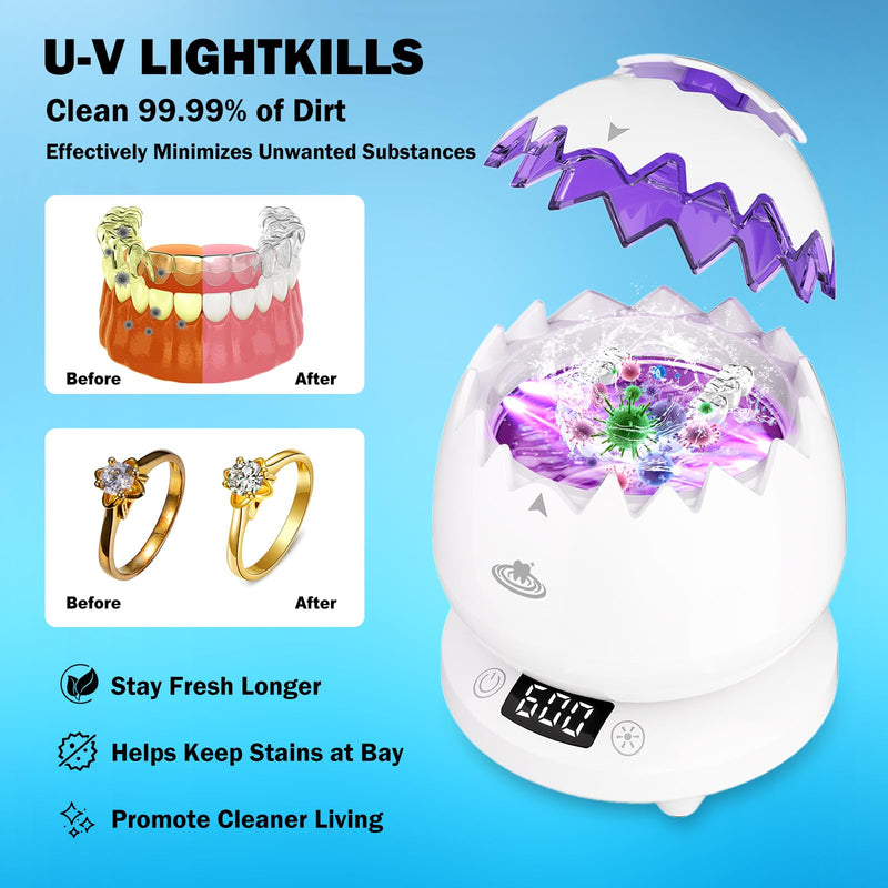 [Australia] - Ultrasonic Retainer Cleaner Machine for Denture, 45kHz Dental Cleaning Pod with Digital Timer, 3 Modes Waterproof Ultrasonic Denture Cleaner for Mouth Guard, Aligner, Jewelry, Braces,Rings,Necklaces 