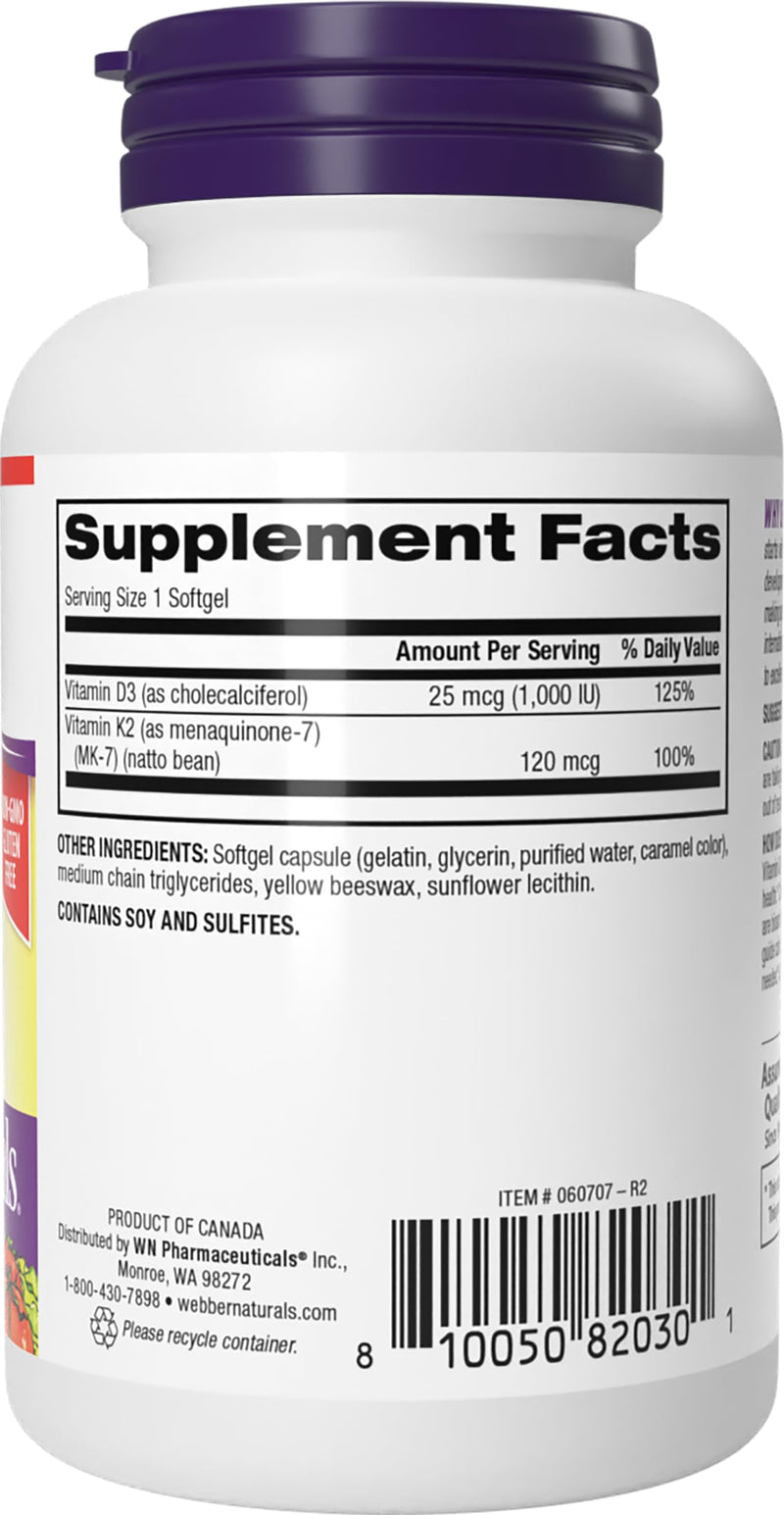 Webber Naturals Vitamin D3 K2 Supplements, 1,000 IU / 120mcg, 90 Softgels | Vitamin K2 MK7 and Vitamin D for Strong Bones, Teeth, and Cardiovascular Health, Supports Immune Function 90 Count (Pack of 1)