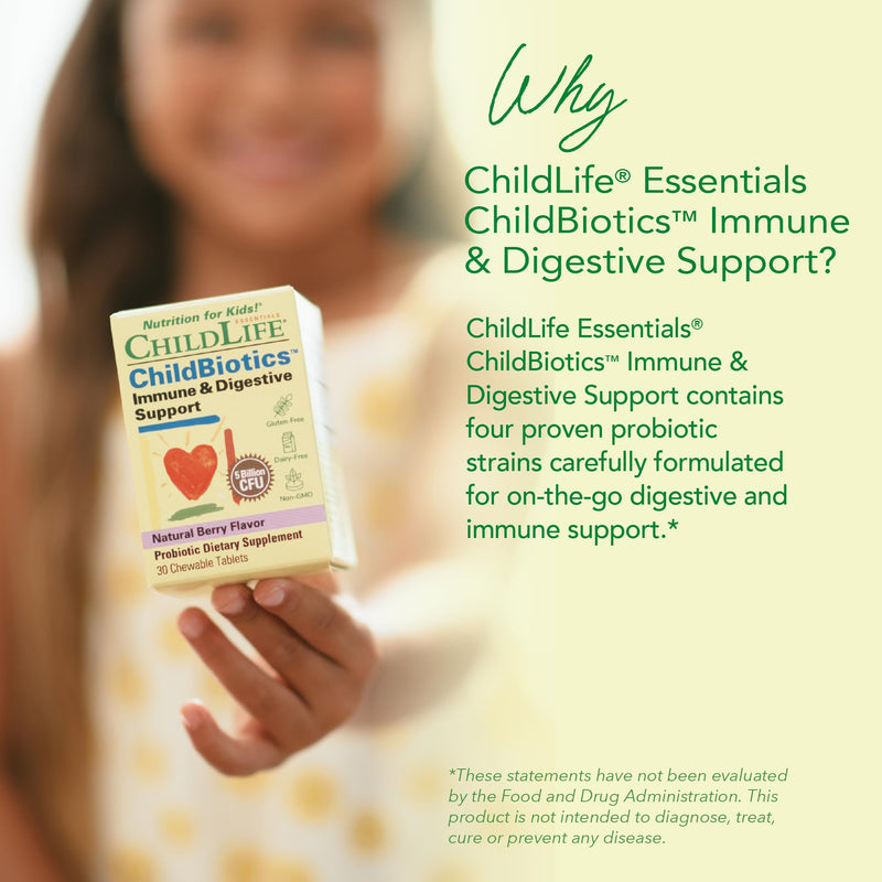 CHILDLIFE ESSENTIALS Childbiotics Immune & Digestive Support, 30 Tablets | Kids Probiotic Supplement, Probiotics for Kids & Toddlers, Chewable Vitamin, Gut Health, Natural Berry Flavor, Support
