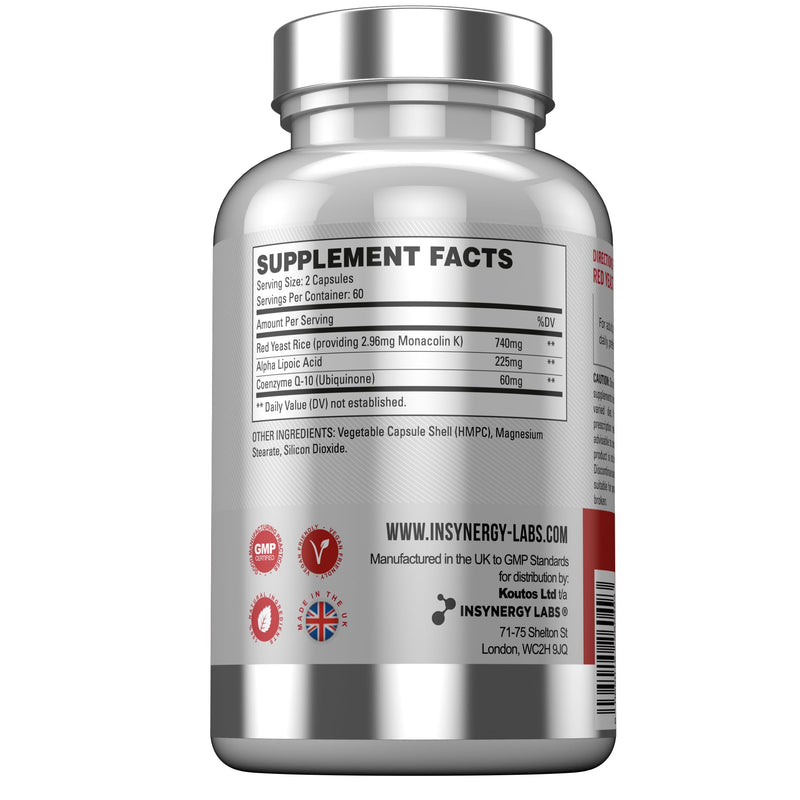 Red Yeast Rice with CoQ10 & Alpha Liopic Acid (3 Cholesterol Lowering Ingredients) Supplement Coenzyme Q10 Red Yeast Cholesterol Lowering Supplements 120 Vegan Capsules