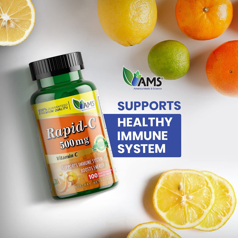America Medic & Science Rapid-C 500mg Vitamin C Supplement 500 Tablets (5 Pack of 100 Tablets) Daily Immune System Support, Antioxidant | Vegan, Non-GMO Coated Ascorbic Acid for Adult Men & Women 100 Count (Pack of 5)
