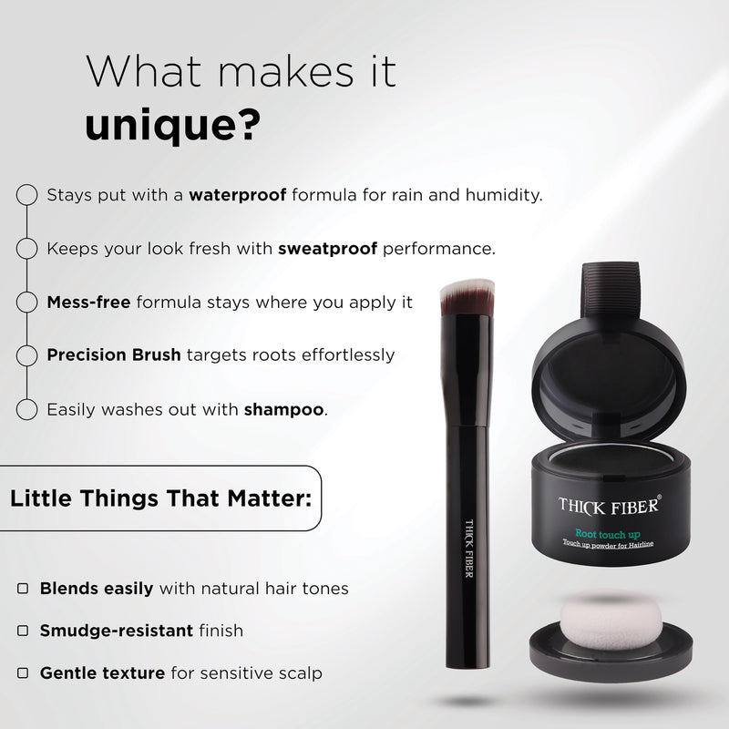 THICK FIBER Root Touch Up Powder - Water & Sweat Resistant Hair Loss Concealer Set for Thinning Hair Women, Includes Brush (Black) Black 0.14 Ounce (Pack of 1)