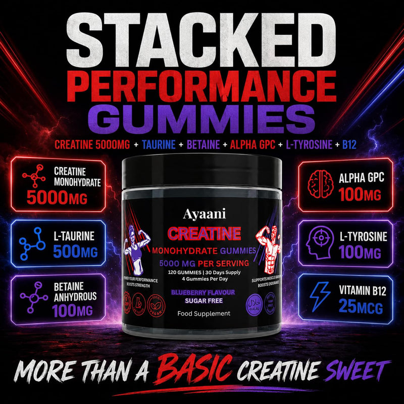 Creatine Gummies 5000mg | Real 5g Lab-Tested Creatine Monohydrate Dose | Sugar Free Vegan Halal Blueberry Gummies | No Powder, Scoop or Shaker | Strength, Power & Muscle Gains | 120