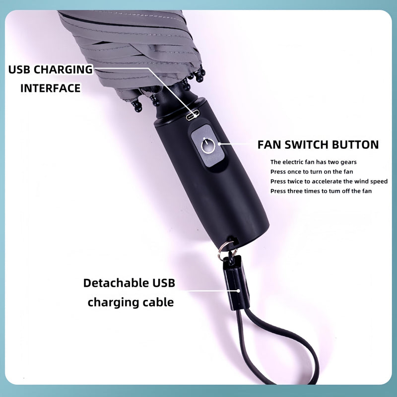 2-in-1 USB Rechargeable Cooling Umbrella with Built-In Fan | UV Sun Protection & Portable Design for Outdoor Activities Black