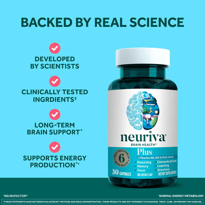 NEURIVA Plus Brain Supplements for Memory and Focus, Clinically Tested Nootropics Neurofactor and Phosphatidylserine, with Vitamin B12, Vitamin B6 and Folic Acid, 30 Count Capsules | Brain Supplements for Memory and Focus, Phosphatidylserine, Vitamin B...