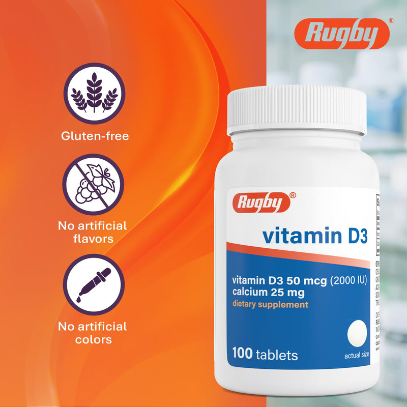 Rugby Vitamin D3 2000 IU (50 mcg) Tablets with Calcium 25 mg, 100 Count | Gluten-Free Supplements, Helps Support Calcium Absorption, for Bones, Teeth & Immunity, for Low Sun Exposure & Aging Adults