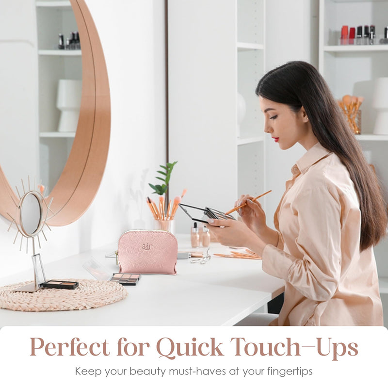 Travel Essentials Makeup Bag Set – Pink & Gray Textured Leather Cosmetic Pouches With Gold Zippers For On-The-Go Beauty – Travel Size – Gift Box Included