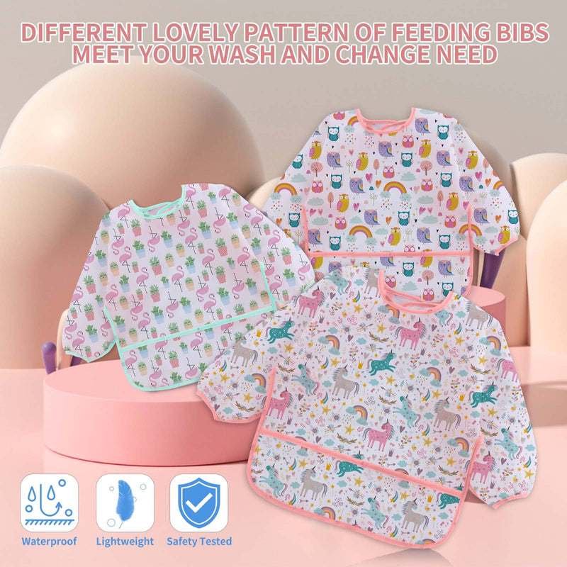 [Australia] - 3 Pcs Waterproof Long Sleeves Baby Bibs Weaning Smock Bib 3-24 Months Owl/Unicorn/Flamingo 