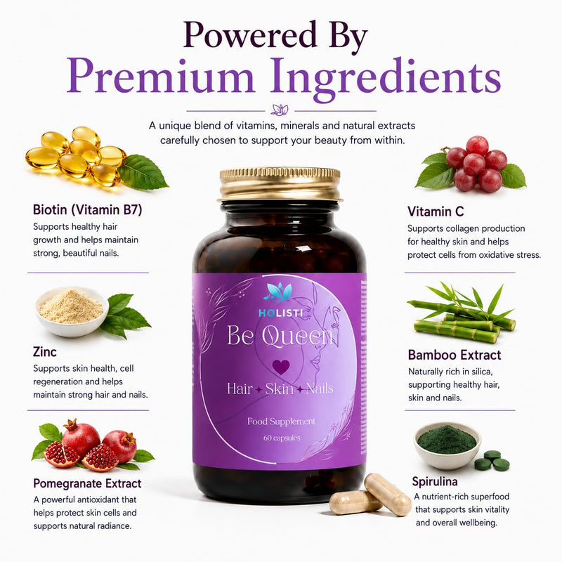 BeQueen Hair Growth, Skin & Nails | Biotin, Zinc & Hyaluronic Acid | Made in UK | Vegan Capsules | 30 Day Supply | 18-in-1 Beauty Complex | For Women