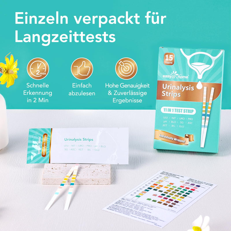 [Australia] - Easy@Home 11 parameter urine test strips: 15x urinalysis rapid test - health test for detecting cystitis, urinary tract infection, diabetes, kidney function & more - with color scale 