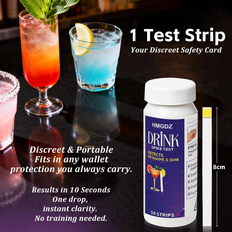 Drink Spike Test Strips - 50 Strips, GHB and Ketamine Detector, Ensures Drink Safety, 10-Second Results.Beverage, Wine, Cocktail, Beer, Juice, Water etc Black